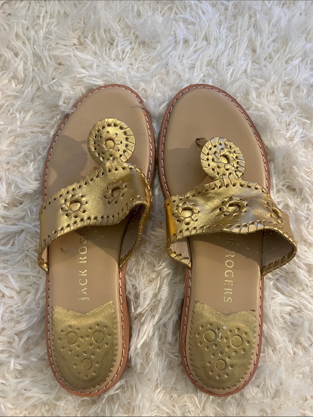 Jack Rogers Metallic Gold Leather Thong Slide Sandals